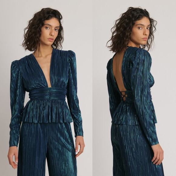 Sabina Musayev | Maxim Top Dark Ocean Metallic Pleated V-Neck Peplum Blouse L - Picture 2 of 11